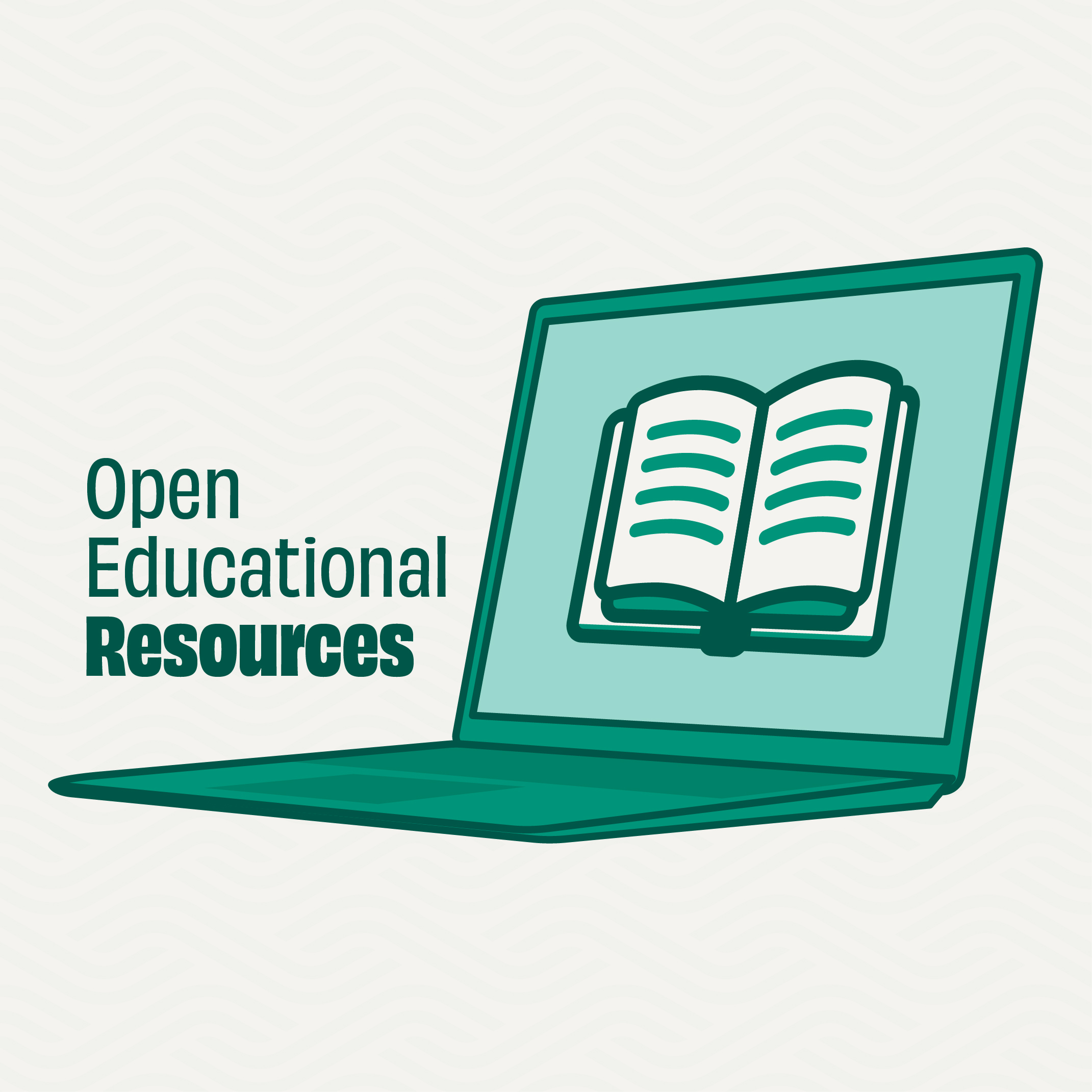 image of a green open laptop displaying an illustration of an open textbook text reads Open Educational Resources