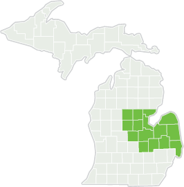 Map of Michigan with Delta College's region highlighted.